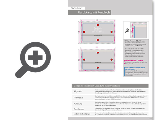 Product Bild plastikkarte_mit_lochung_4_4_farbig_bedruckt_auf_silbernem_hintergrund